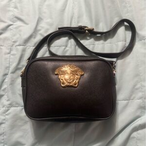Black Crossbody Bag with Gold Medusa Emblem